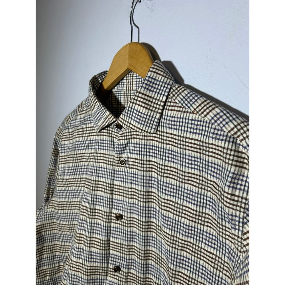 Brown‎ Blue Plaid Tasso Elba Long-Sleeve Button-Down Oxford Shirt - (Mens L)